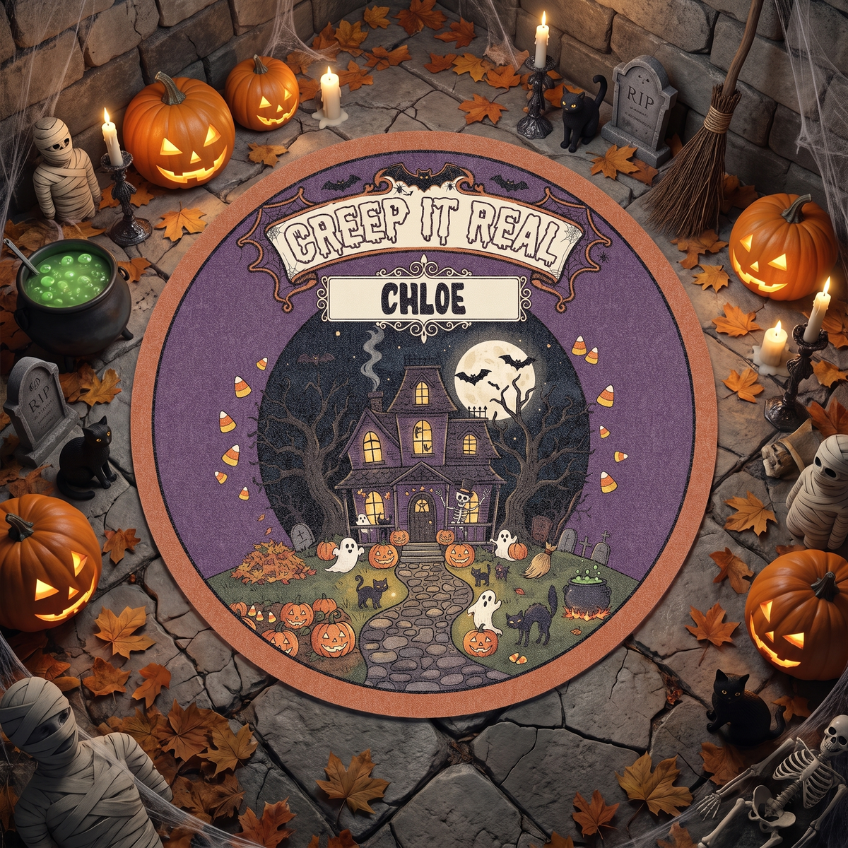 Personalized Halloween Creep It Real Haunted House Pumpkin Round Rug with custom name, styled on a wood floor with pumpkins