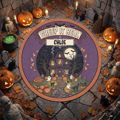 Personalized Halloween Creep It Real Haunted House Pumpkin Round Rug with custom name, styled on a wood floor with pumpkins