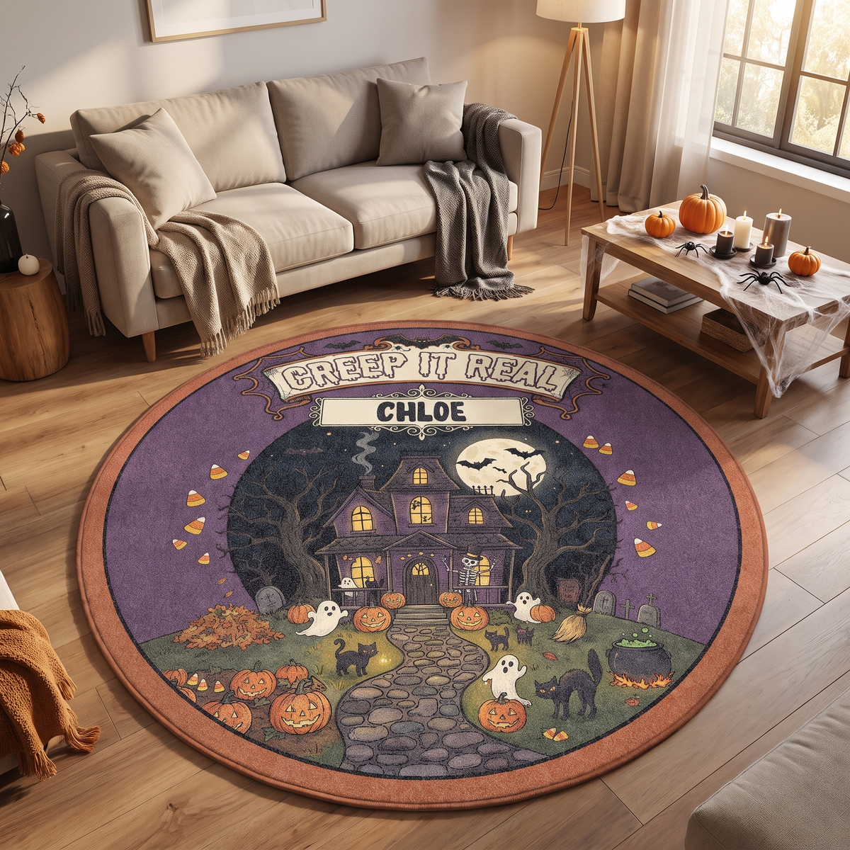 Personalized Halloween Creep It Real Haunted House Pumpkin Round Rug, view 2