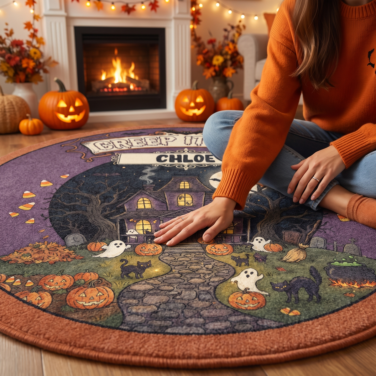 Personalized Halloween Creep It Real Haunted House Pumpkin Round Rug, view 3