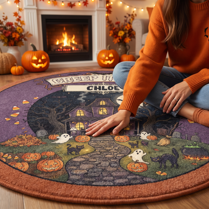 Personalized Halloween Creep It Real Haunted House Pumpkin Round Rug, view 3