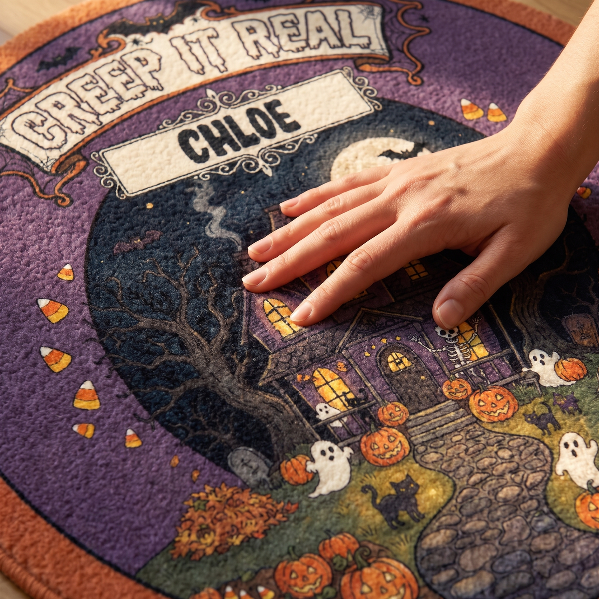 Personalized Halloween Creep It Real Haunted House Pumpkin Round Rug, view 4