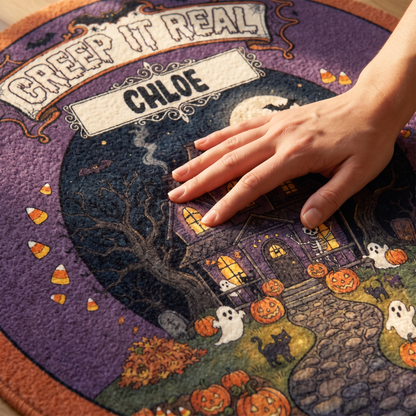 Personalized Halloween Creep It Real Haunted House Pumpkin Round Rug, view 4