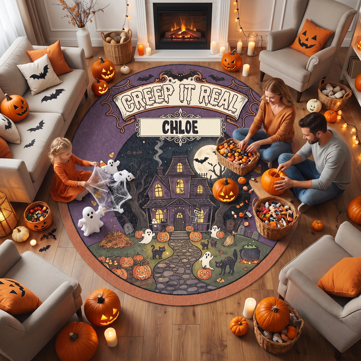 Personalized Halloween Creep It Real Haunted House Pumpkin Round Rug, view 5
