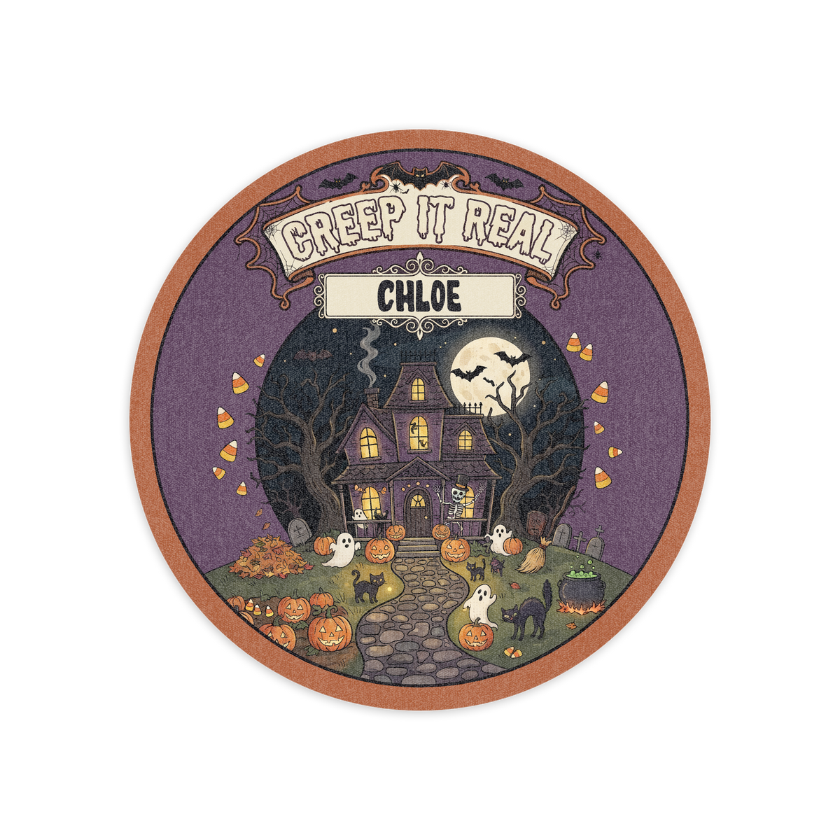 Personalized Halloween Creep It Real Haunted House Pumpkin Round Rug full design view
