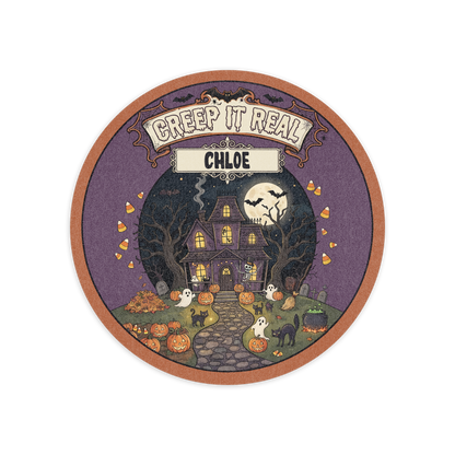Personalized Halloween Creep It Real Haunted House Pumpkin Round Rug full design view