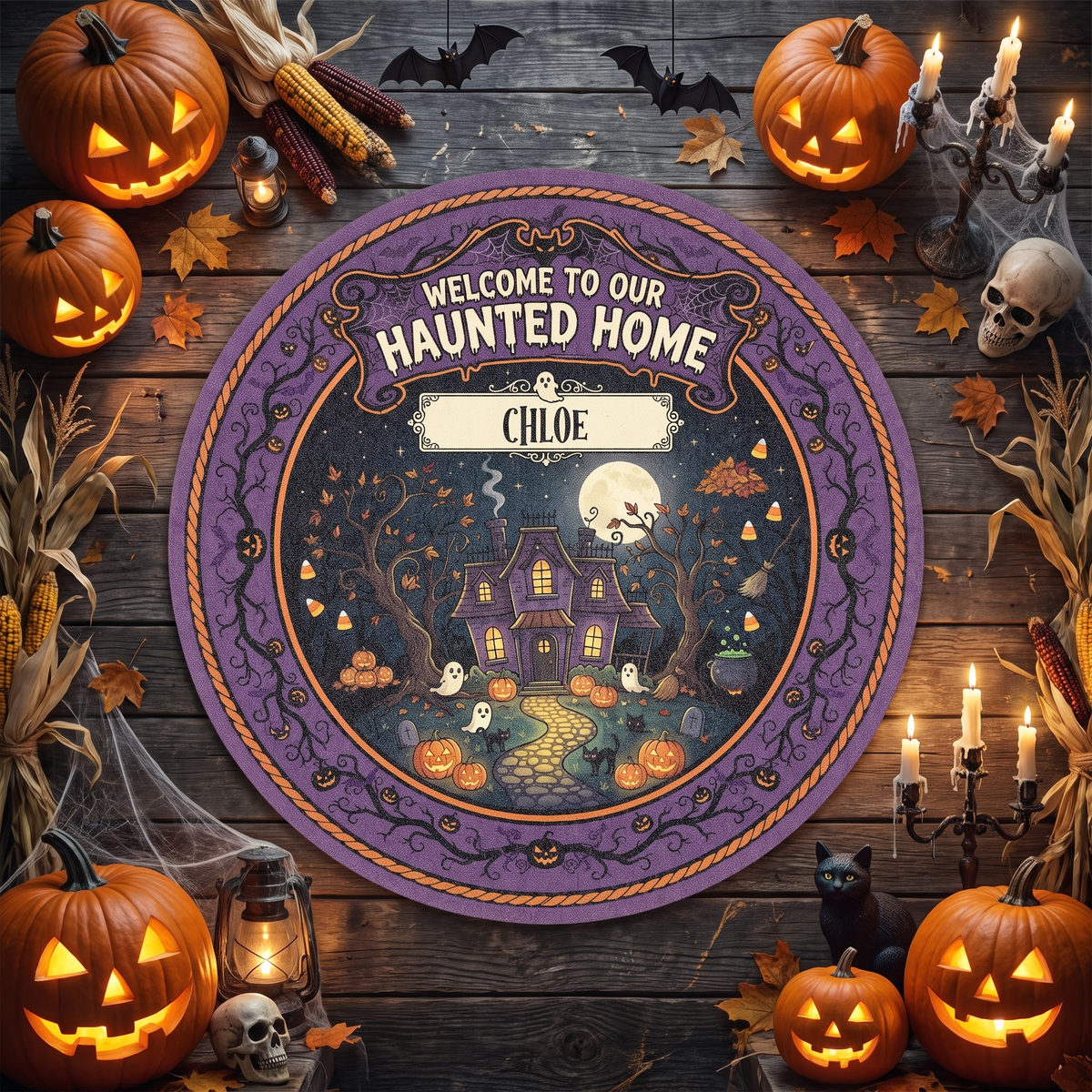 Personalized Halloween Welcome To Our Haunted Home Glowing Path Round Rug with custom name, styled on a wood floor with pumpkins