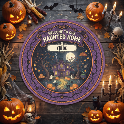 Personalized Halloween Welcome To Our Haunted Home Glowing Path Round Rug with custom name, styled on a wood floor with pumpkins