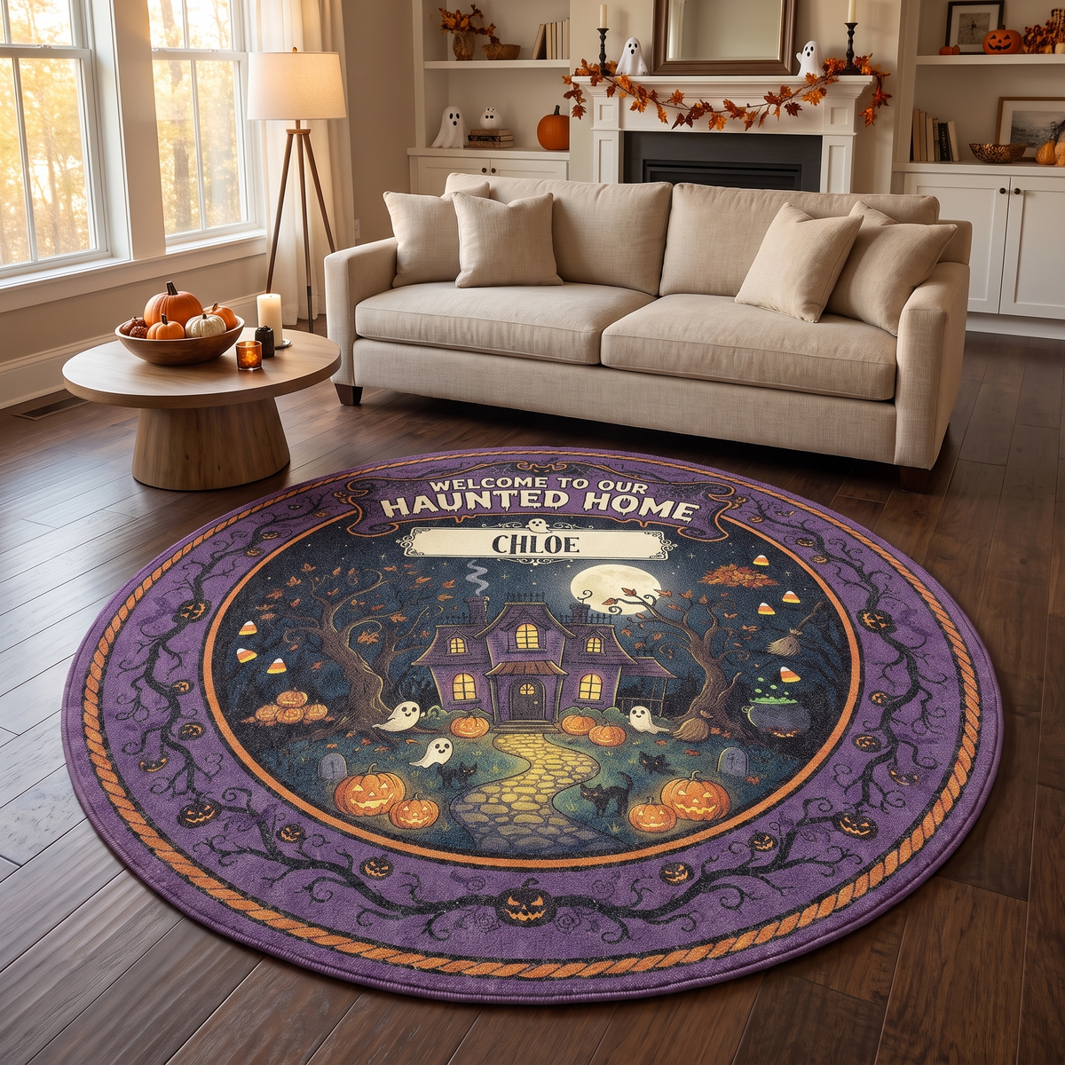 Personalized Halloween Welcome To Our Haunted Home Glowing Path Round Rug, view 2