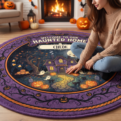 Personalized Halloween Welcome To Our Haunted Home Glowing Path Round Rug, view 3