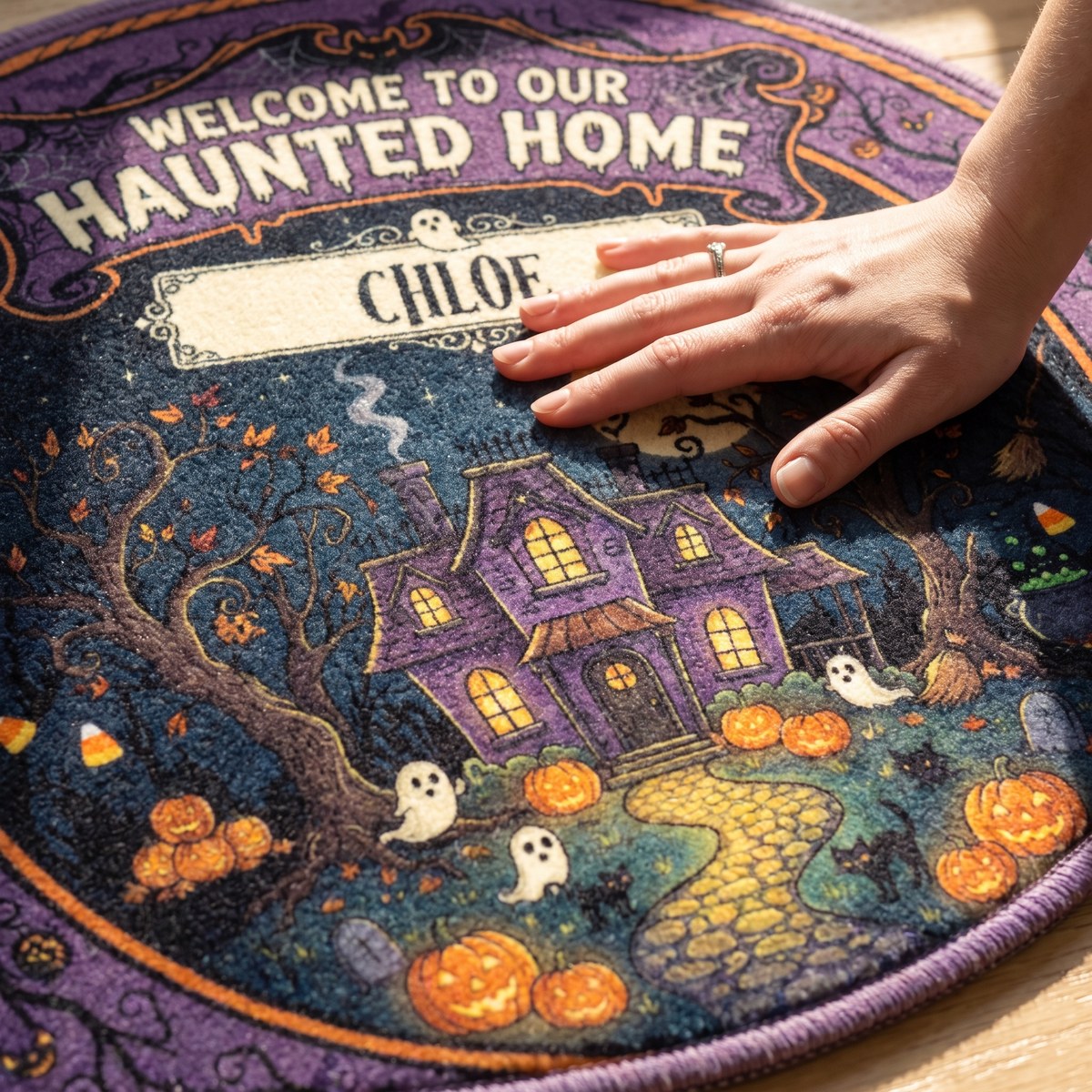 Personalized Halloween Welcome To Our Haunted Home Glowing Path Round Rug, view 4