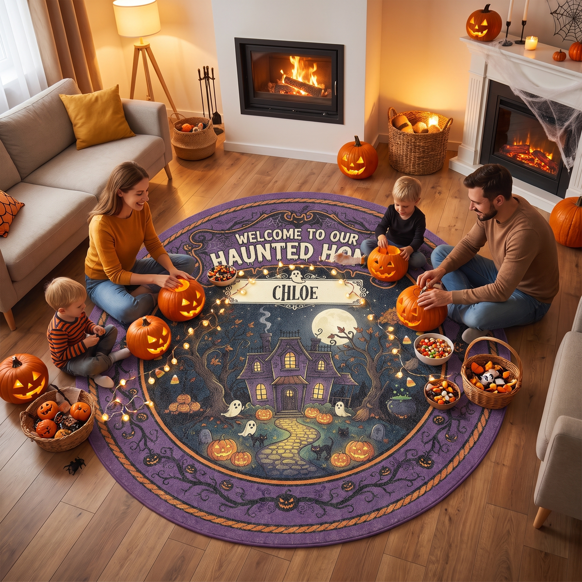 Personalized Halloween Welcome To Our Haunted Home Glowing Path Round Rug, view 5