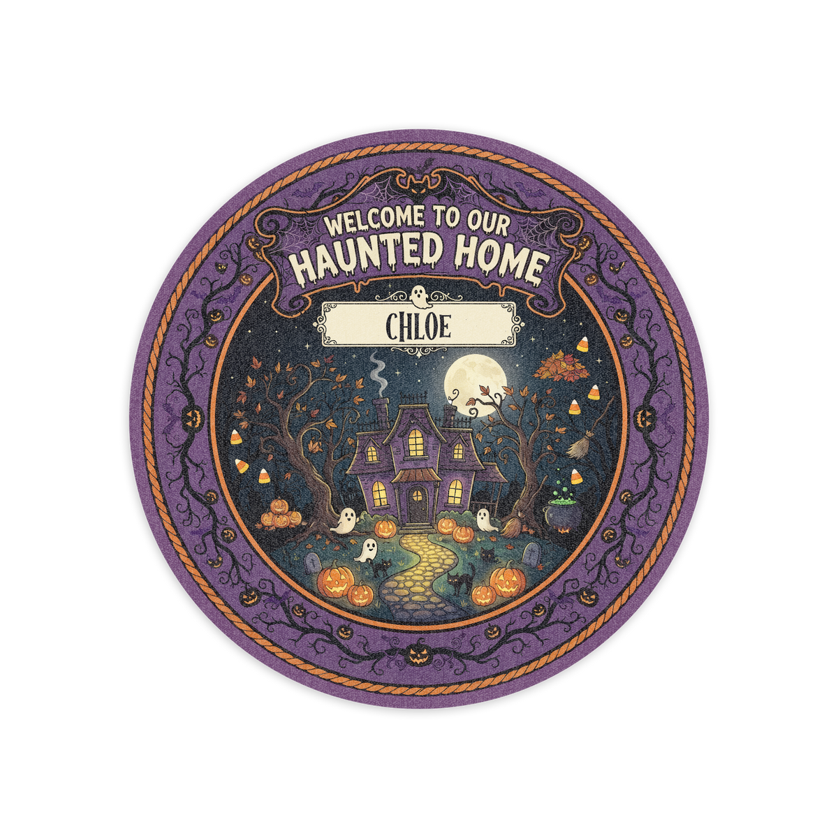 Personalized Halloween Welcome To Our Haunted Home Glowing Path Round Rug full design view