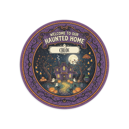 Personalized Halloween Welcome To Our Haunted Home Glowing Path Round Rug full design view