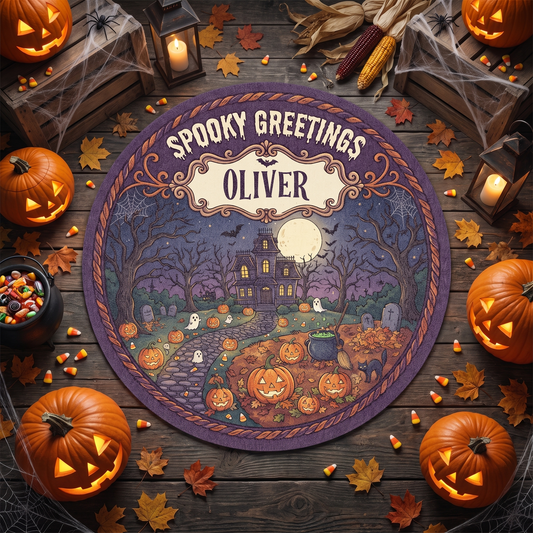 Personalized Halloween Spooky Greetings Full Moon Pumpkin Patch Round Rug with custom name, styled on a wood floor with pumpkins
