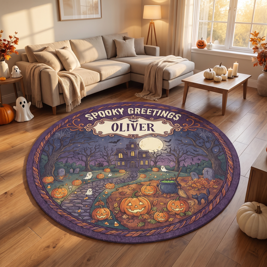 Personalized Halloween Spooky Greetings Full Moon Pumpkin Patch Round Rug, view 2
