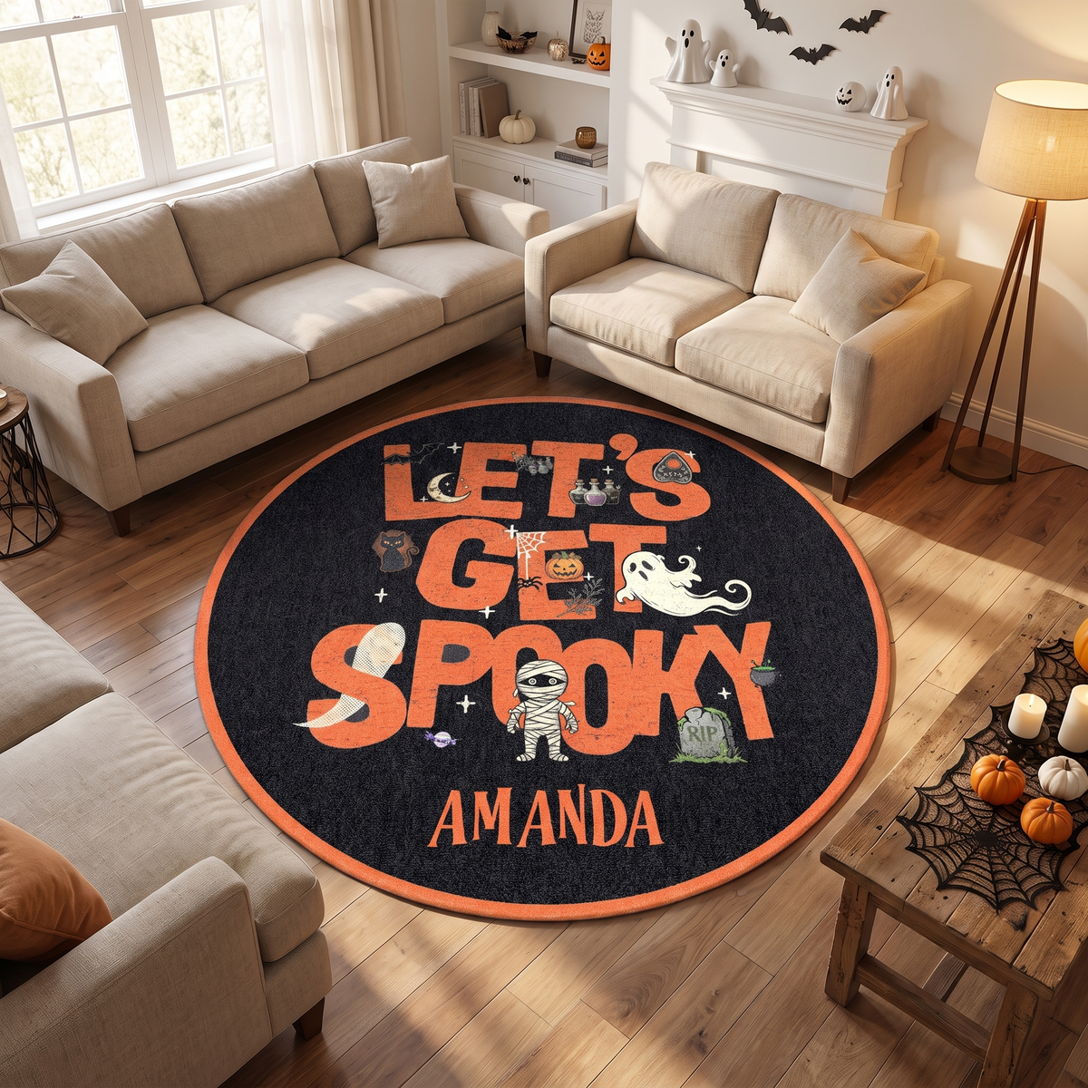 Personalized Halloween Let's Get Spooky Mummy Ghost Round Rug, view 2