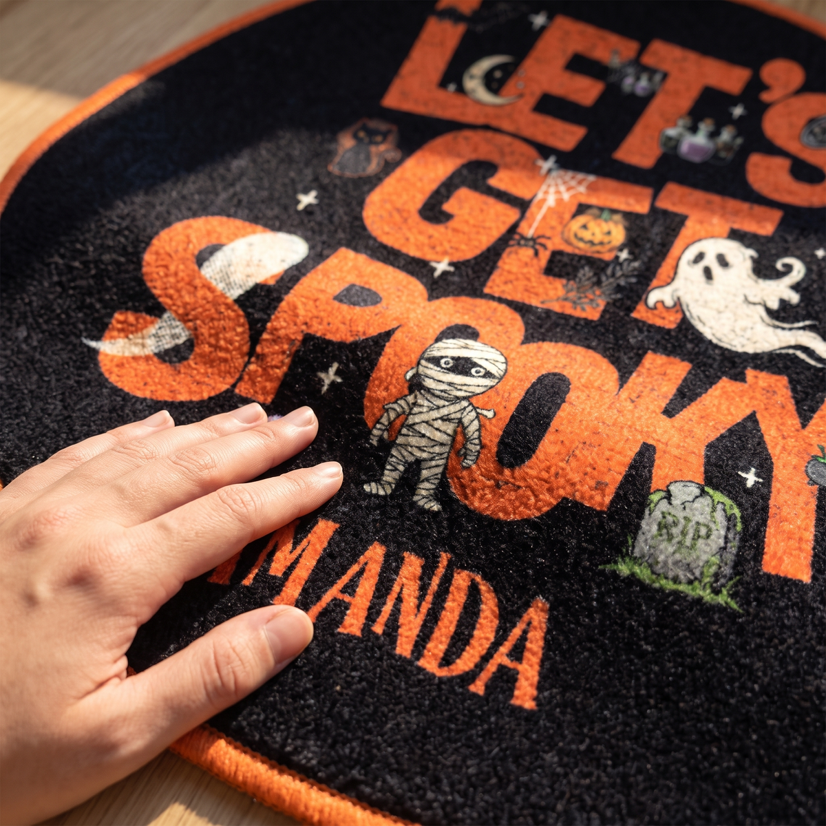 Personalized Halloween Let's Get Spooky Mummy Ghost Round Rug, view 4