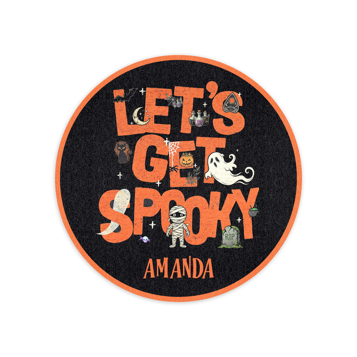 Personalized Halloween Let's Get Spooky Mummy Ghost Round Rug full design view