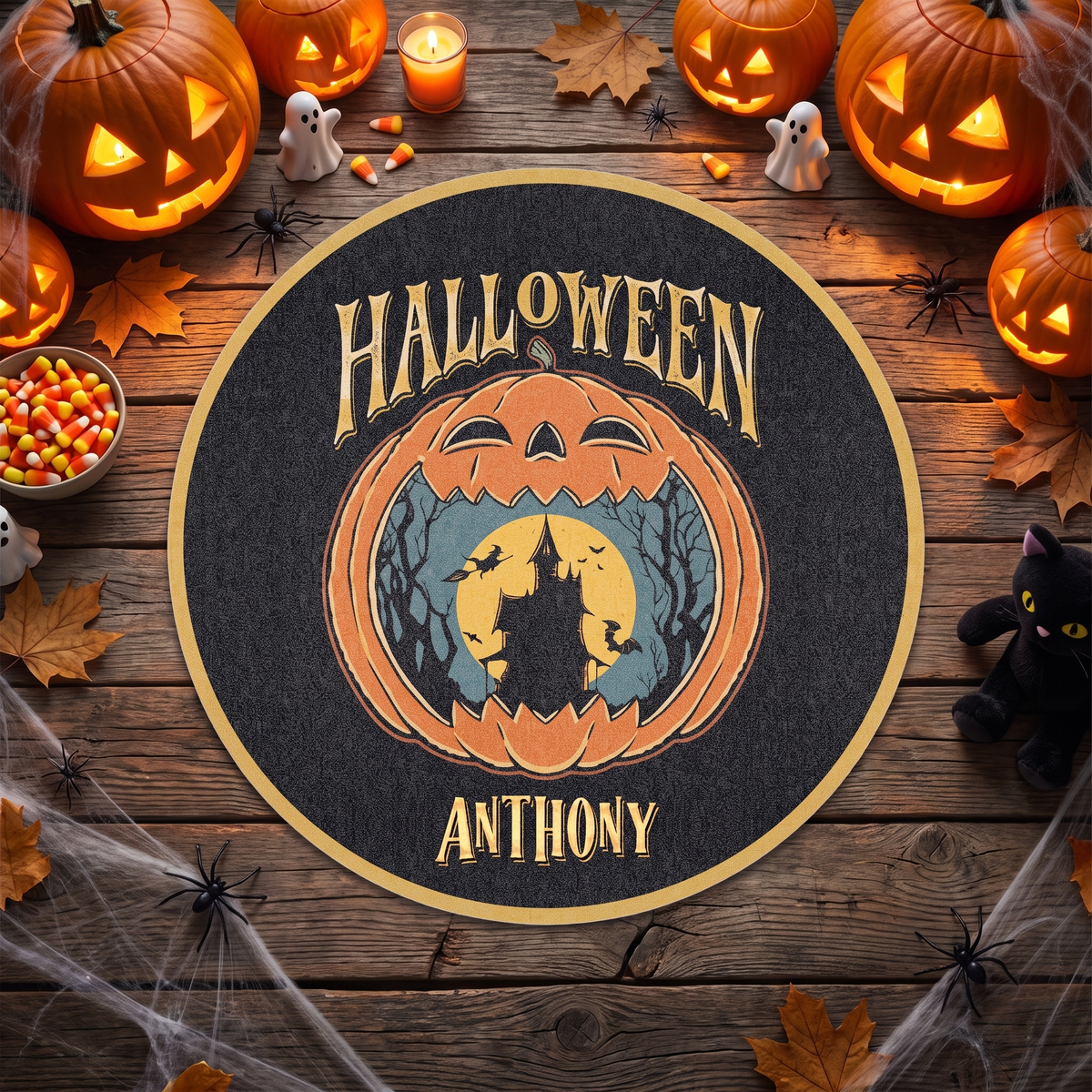 Personalized Halloween Haunted Castle Harvest Moon Round Rug with custom name, styled on a wood floor with pumpkins