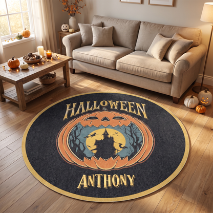 Personalized Halloween Haunted Castle Harvest Moon Round Rug, view 2