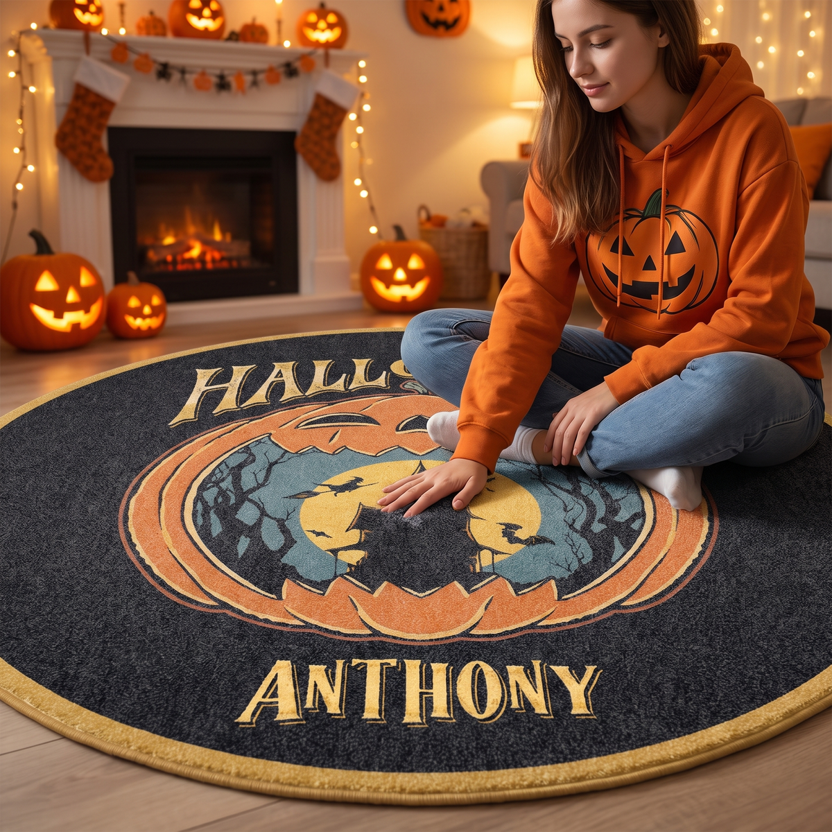 Personalized Halloween Haunted Castle Harvest Moon Round Rug, view 3