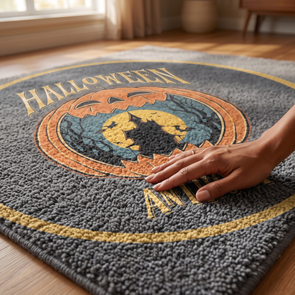 Personalized Halloween Haunted Castle Harvest Moon Round Rug, view 4