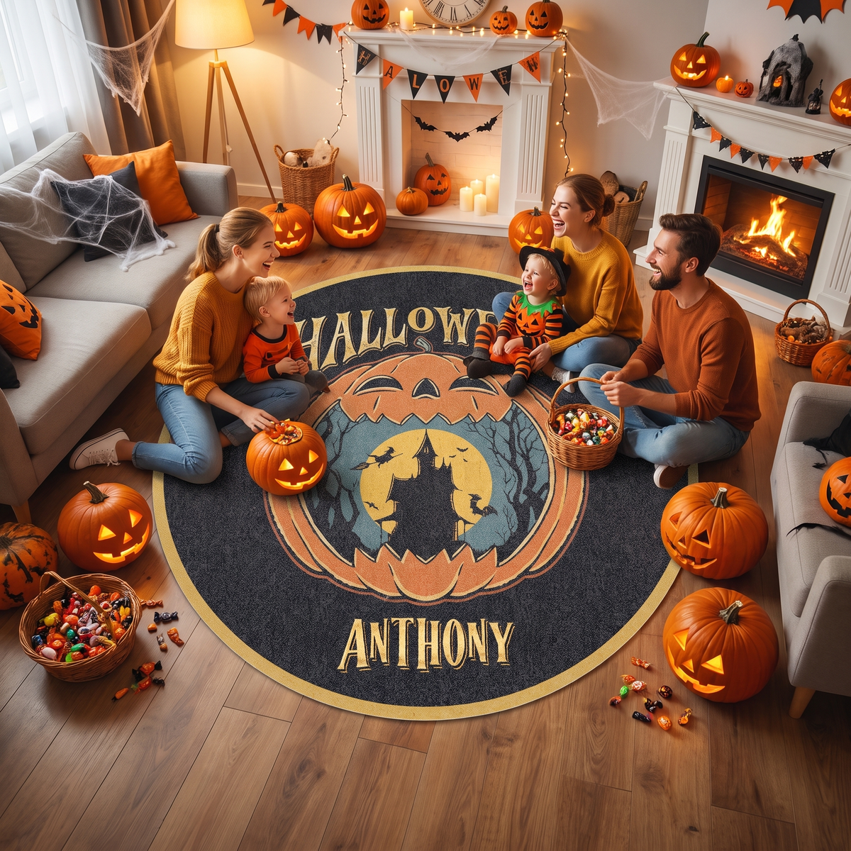 Personalized Halloween Haunted Castle Harvest Moon Round Rug, view 5