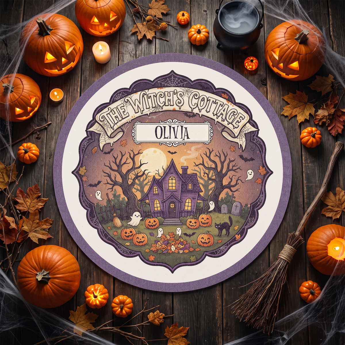Personalized Halloween The Witch's Cottage Pumpkin Garden Round Rug with custom name, styled on a wood floor with pumpkins
