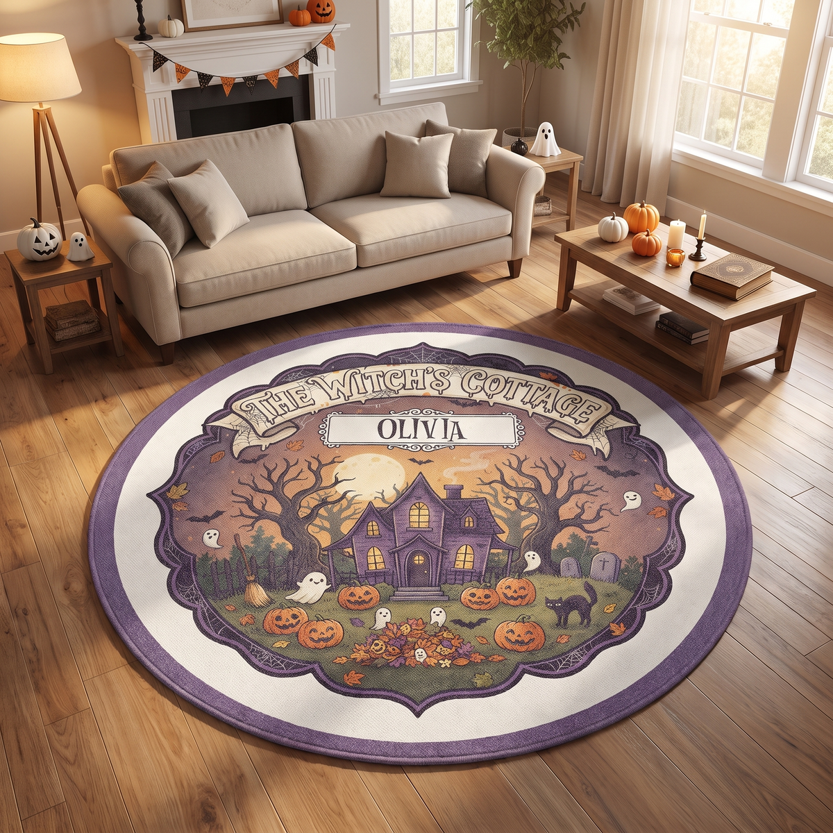 Personalized Halloween The Witch's Cottage Pumpkin Garden Round Rug, view 2