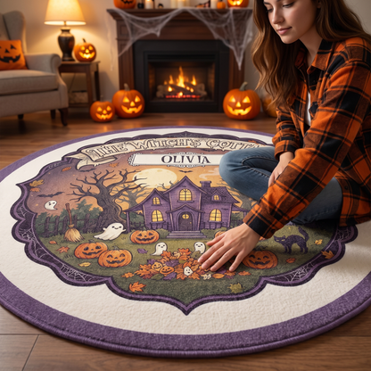 Personalized Halloween The Witch's Cottage Pumpkin Garden Round Rug, view 3
