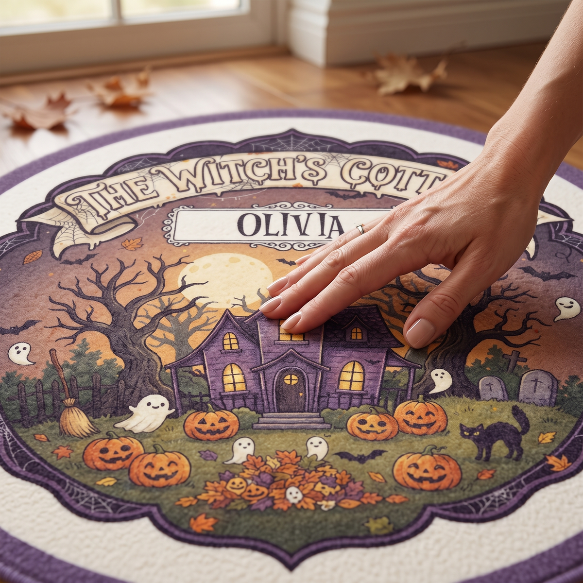 Personalized Halloween The Witch's Cottage Pumpkin Garden Round Rug, view 4