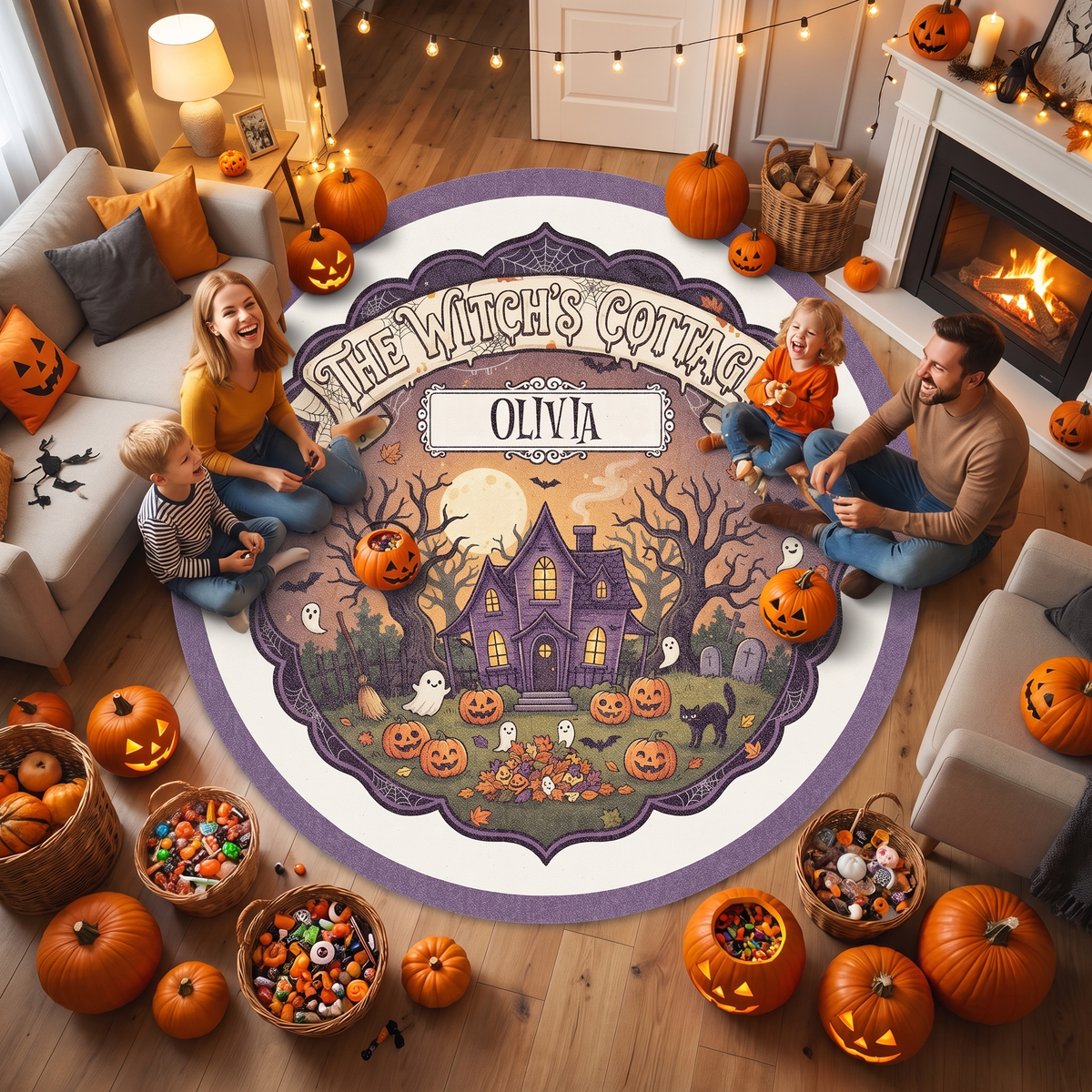 Personalized Halloween The Witch's Cottage Pumpkin Garden Round Rug, view 5