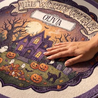 Personalized Halloween The Witch's Cottage Pumpkin Garden Round Rug, view 6