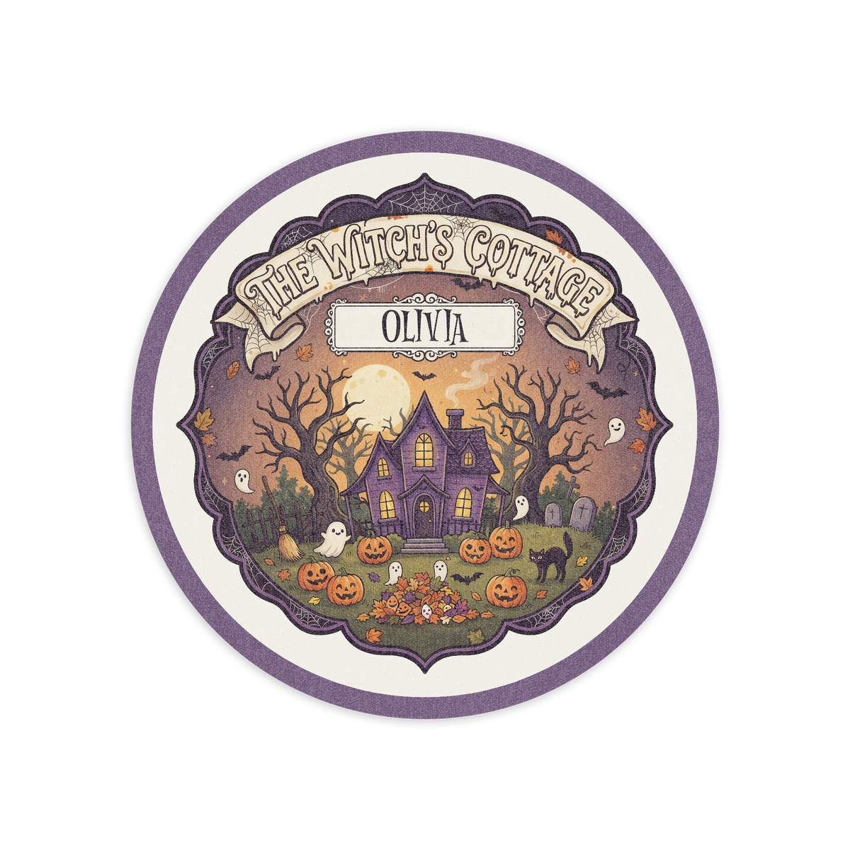 Personalized Halloween The Witch's Cottage Pumpkin Garden Round Rug full design view