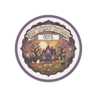 Personalized Halloween The Witch's Cottage Pumpkin Garden Round Rug full design view