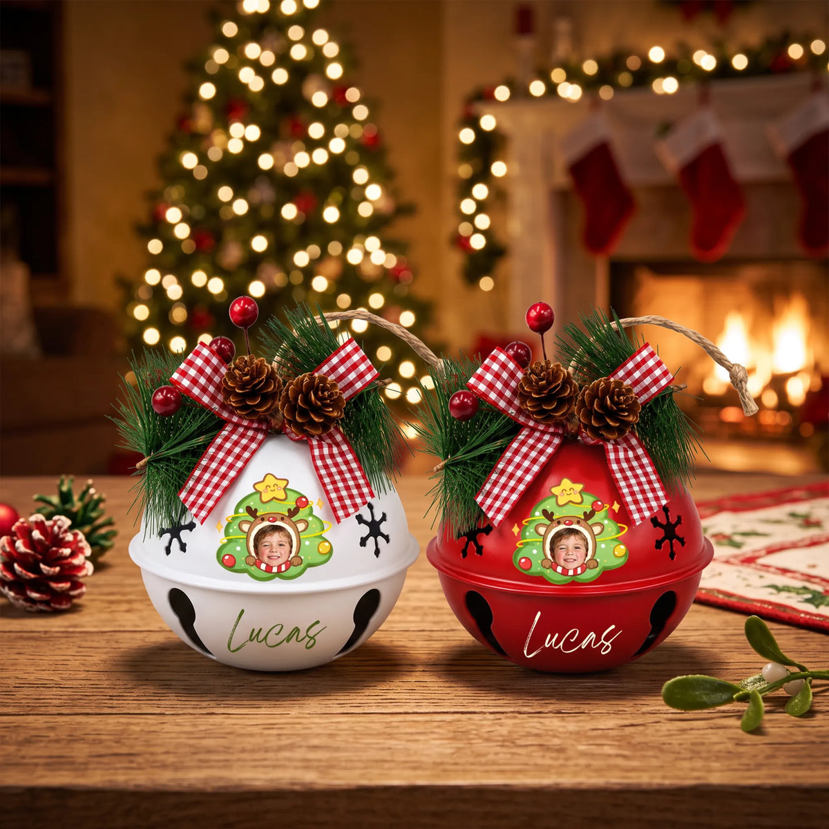 Two personalized kid photo jingle bell ornaments by the fireplace, bell color options