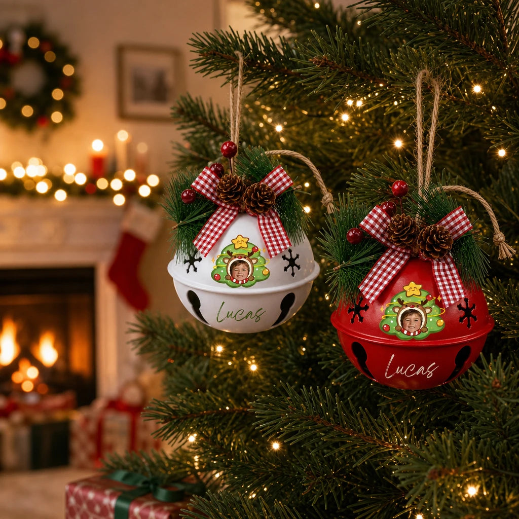 Custom kid photo reindeer jingle bell ornaments hanging on a Christmas tree