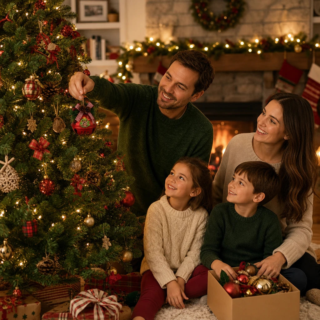 Family hanging a personalized jingle bell ornament on the Christmas tree