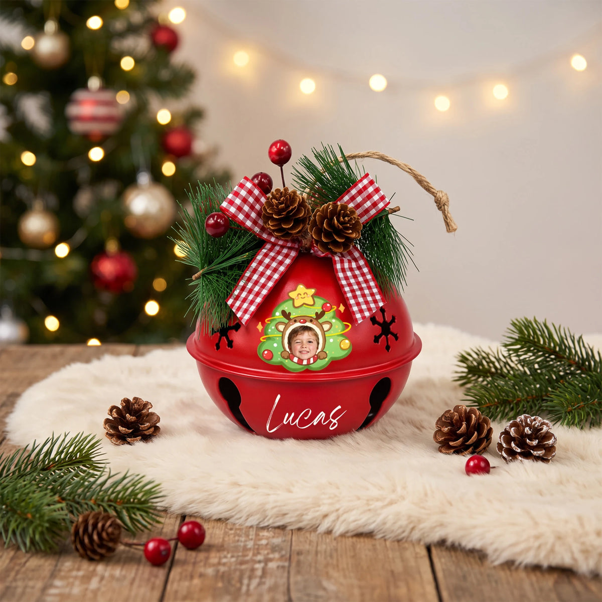 Personalized reindeer star tree kid photo jingle bell ornament on a festive table