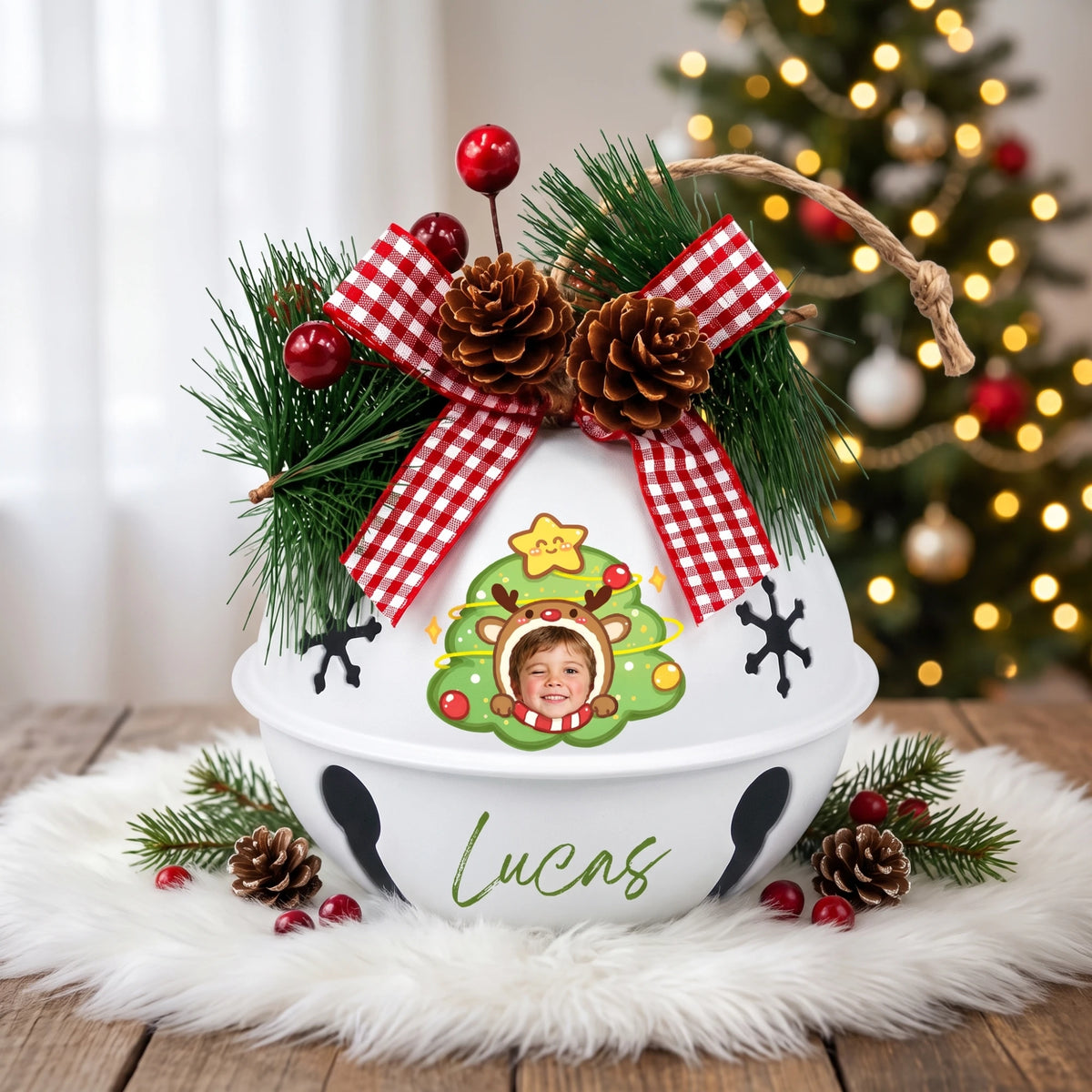 Custom photo reindeer star tree kid jingle bell ornament with child photo and name