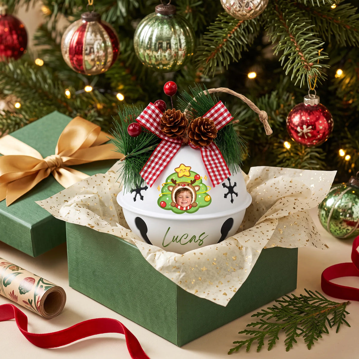 Personalized reindeer star tree kid photo jingle bell ornament in a gift box