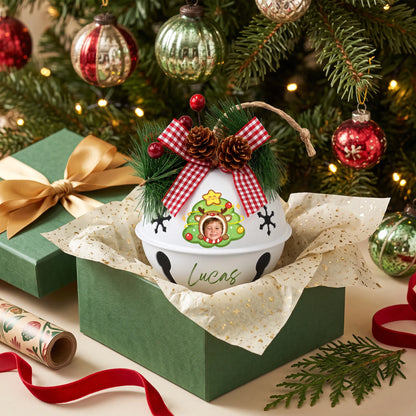 Personalized reindeer star tree kid photo jingle bell ornament in a gift box