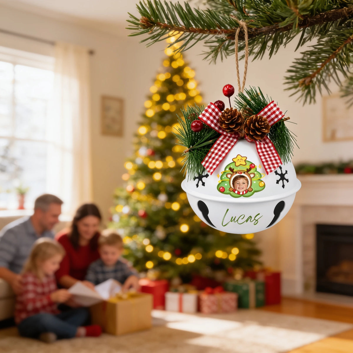 Personalized reindeer star tree jingle bell ornament hanging with family opening gifts