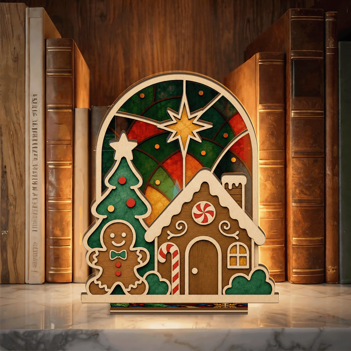 Christmas gingerbread house suncatcher candle holder with gingerbread man and tree
