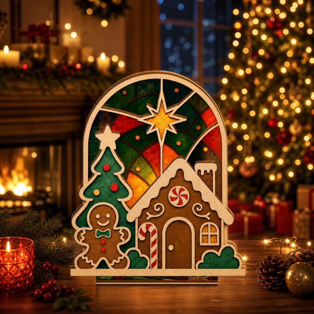 Christmas gingerbread house suncatcher candle holder glowing on holiday table