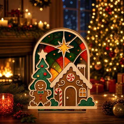 Christmas gingerbread house suncatcher candle holder glowing on holiday table