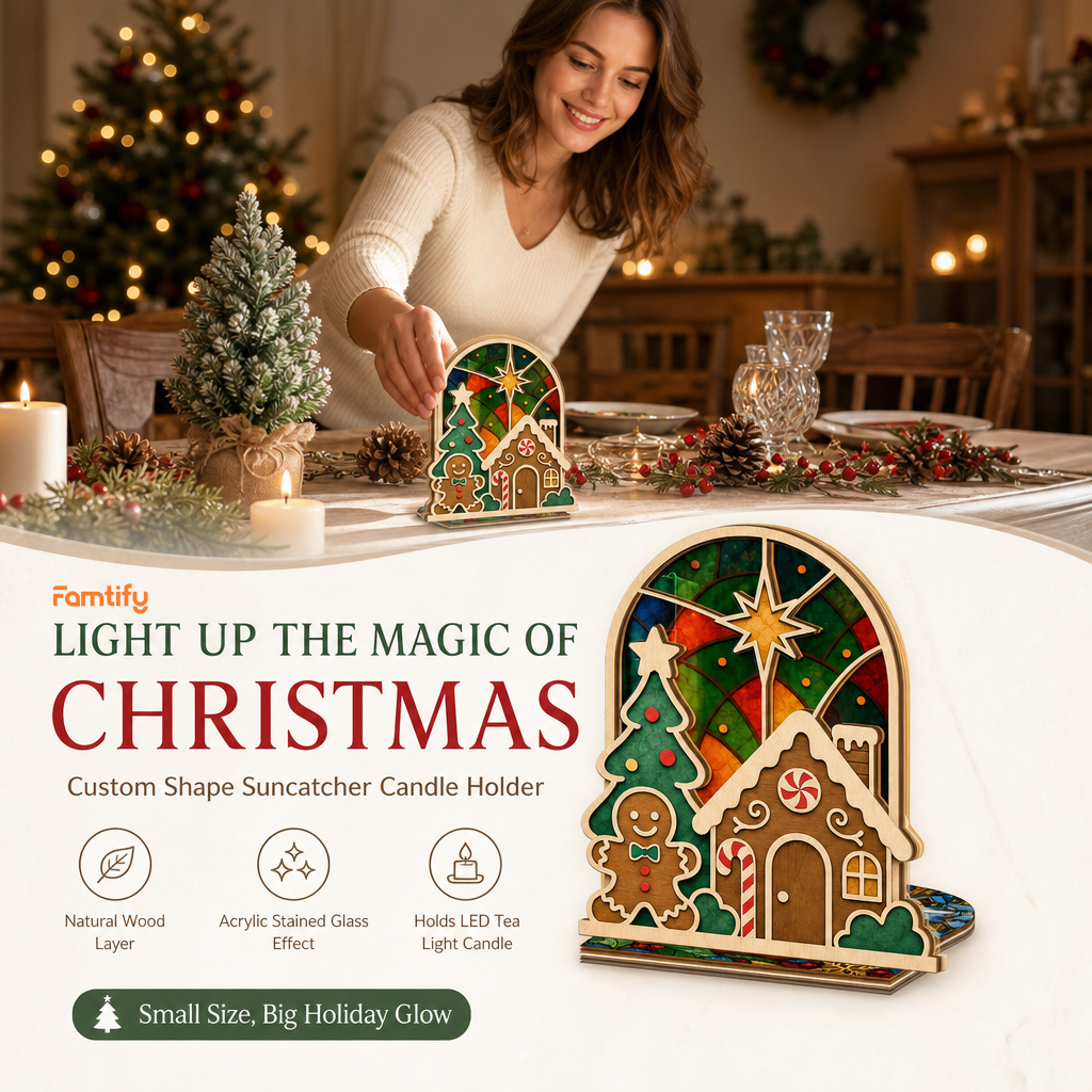 Christmas gingerbread house suncatcher candle holder glowing on holiday table