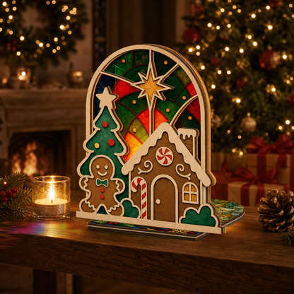 Christmas gingerbread house suncatcher candle holder glowing on holiday table