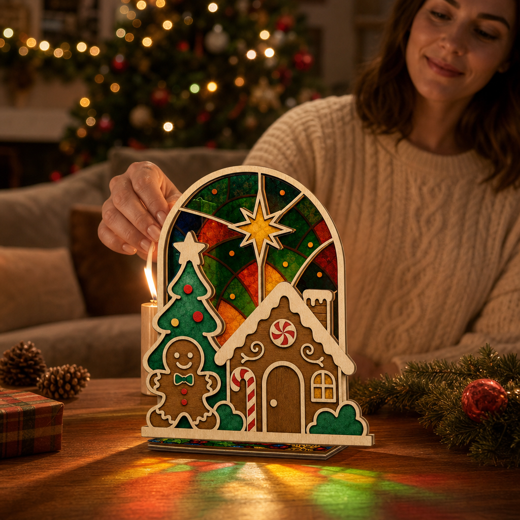 Christmas gingerbread house suncatcher candle holder glowing on holiday table